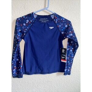 new Speedo swim shirt Long Sleeve Rash Guard Blue UPF M USA Stars 4th patriotic